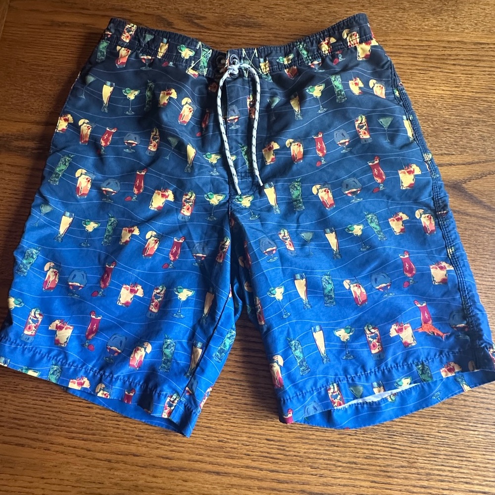 Tommy Bahama Blue Swim Trunks with Colorful Cocktail Print